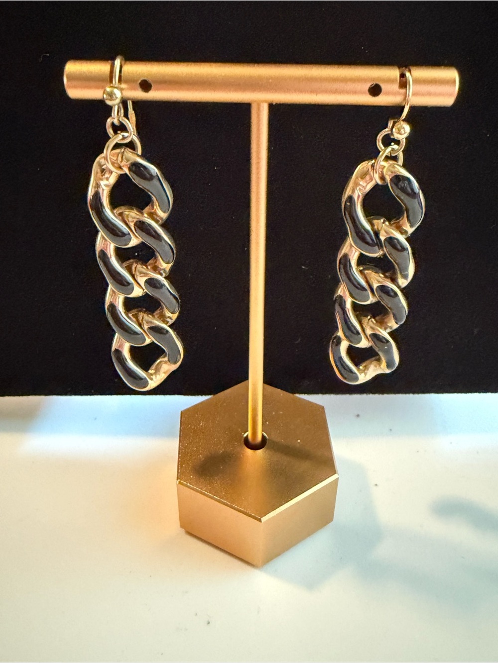 Vintage Gold Chain-Link Drop Earrings with Black Enamel Accents